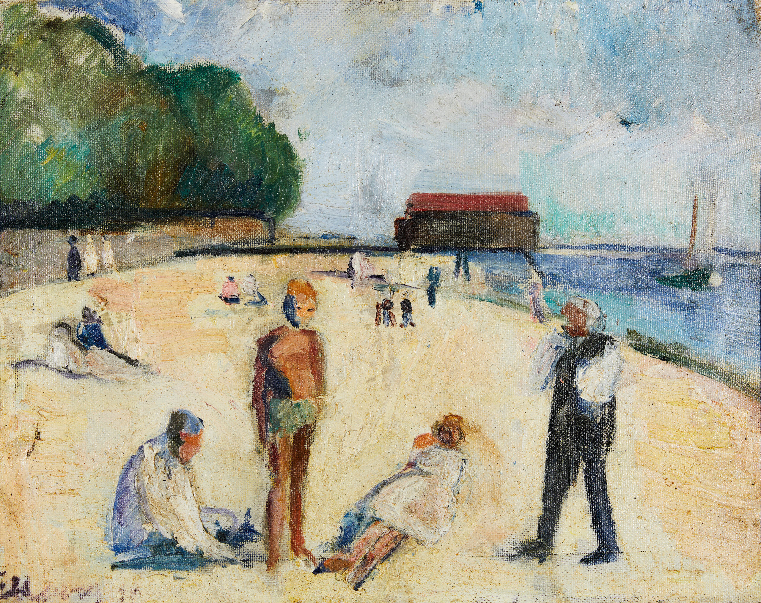 Lore Feldberg-Eber, Strand von Blankenese, 1928, Öl auf Leinwand mit Sand, Sammlung Dr. Maike Bruhns, Foto: © Museen Stade, Carsten Dammann